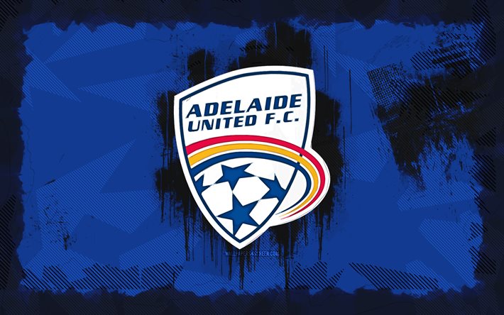 adelaide united grunge logosu, 4k, a league, mavi grunge arka plan, futbol, adelaide united amblemi, adelaide united logo, adelaide united fc, avustralya futbol kulübü, adelaide united