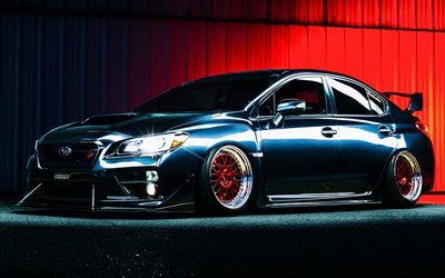 Subaru Impreza WRX STI, 4k, low riders, tuning, supercars, grey Subaru Impreza, headlights, japanese cars, Subaru