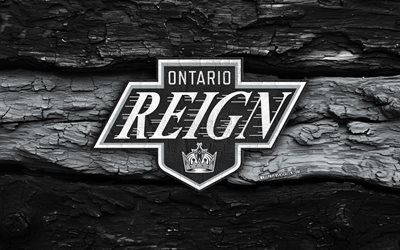 logo en bois du règne de l'ontario, 4k, fond en bois gris noir, lah, hockey, logo du règne de l'ontario, emblème du règne de l'ontario, équipe américaine de hockey, le règne de l'ontario