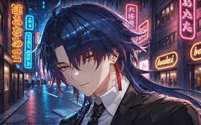 cuchilla, 4k, coloridos letreros de neón, calle, carril estelar honkai, noche, personajes de anime, manga, personajes de honkai star rail, cazadores estelares, espada honkai star rail