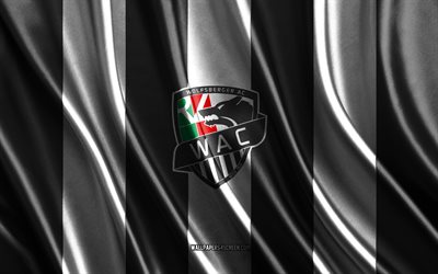 4k, logotipo del wolfsberger ac, bundesliga austriaca, textura de seda blanca y negra, bandera del wolfsberger ac, club de fútbol austriaco, fútbol, bandera de seda, emblema del wolfsberger ac, austria, insignia del wolfsberger ac, wolfsberger ac