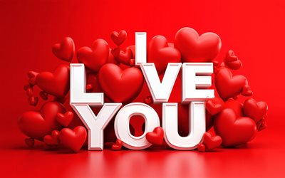 ich liebe dich, 4k, minimalismus, rote 3d herzen, roter hintergrund, grüße zum valentinstag, 14 februar, liebeskonzepte, 3d herzen, aufschrift „ich liebe dich“