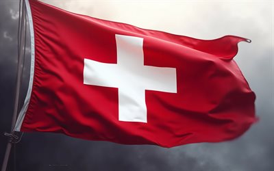 bandera de suiza, 4k, bandera suiza en un asta de bandera, europa, suiza, bandera suiza 3d, banderas de países europeos, bandera suiza