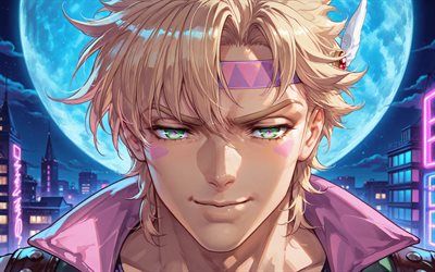 césar antonio zeppeli, 4k, luna azul, jojos bizarre, noche, manga, fondo abstracto turquesa, shiza antonio tseperi, personajes extraños de jojo, césar anthonio zeppeli jojos bizarre