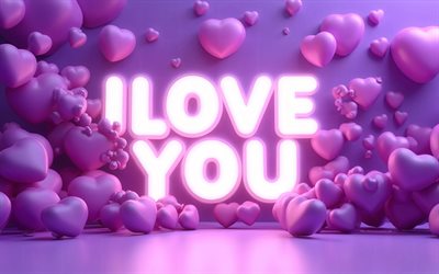 4k, ich liebe dich, leuchtende buchstaben, lila 3d herzen, lila hintergrund, grüße zum valentinstag, 14 februar, liebeskonzepte, 3d herzen, aufschrift „ich liebe dich“