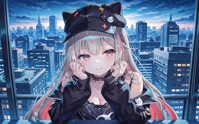 4k, Neneko Mashiro, cityscape, black hat, Virtual YouTuber, artwork, VTuber, girl with blue eyes, Neneko Mashiro StelLive, manga, StelLive channel, StelLive Virtual YouTuber