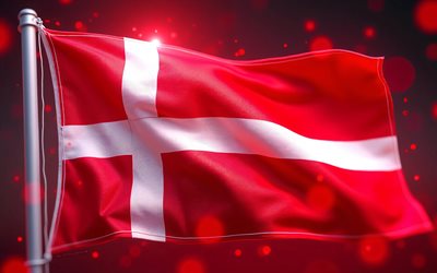 4k, bandera de dinamarca en el asta de la bandera, bokeh, arte digital, bandera de dinamarca, resplandor rojo, fondo rojo, obra de arte, bandera danesa, europa, bandera de dinamarca con ondas de tela, bandera 3d de dinamarca, dinamarca