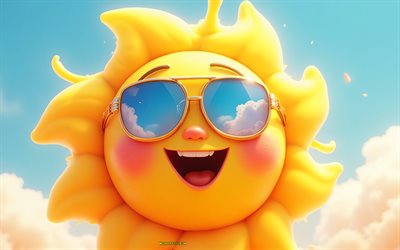 4k, sol com um sorriso, sol 3d em óculos, sol sorridente, sol 3d, conceitos positivos, conceitos de verão, sorrindo emoção sol, viagens de verão