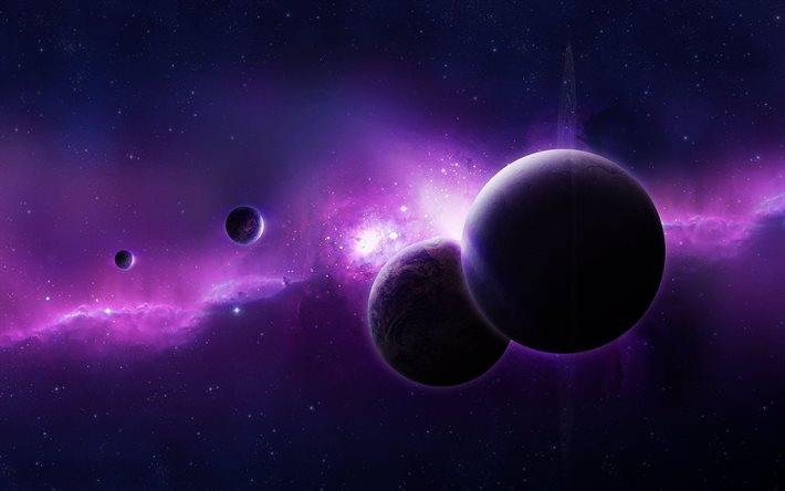 planetas, nebulosas, galaxias, estrellas, luces de color púrpura