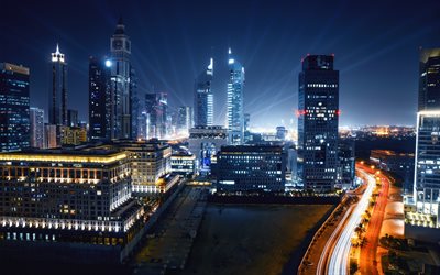 दुबई, रात, सड़क, वित्तीय केंद्र, बुर्ज, संयुक्त अरब अमीरात