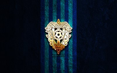 logotipo dorado de avispa fukuoka, 4k, fondo de piedra azul, liga j1, club de fútbol japonés, logotipo de avispa fukuoka, fútbol, emblema avispa fukuoka, avispa fukuoka, avispa fukuoka fc