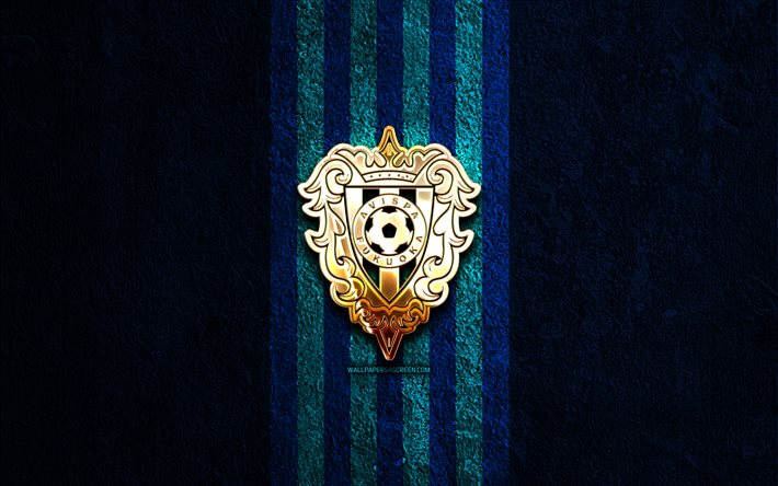 logo dorato dell'avispa fukuoka, 4k, sfondo di pietra blu, lega j1, squadra di calcio giapponese, logo dell'avispa fukuoka, calcio, emblema dell'avispa fukuoka, avispa fukuoka, avispa fukuoka fc