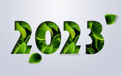 4k, Happy New Year 2023, eco concepts, 2023 green leaves background, 2023 concepts, 2023 eco background, 2023 Happy New Year
