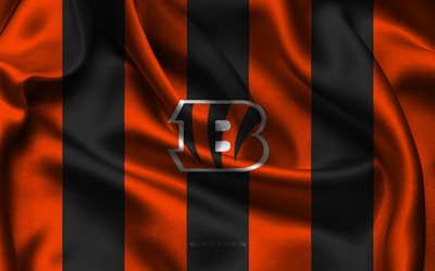 4k, logotipo de los bengalíes de cincinnati, tela de seda negra naranja, equipo de fútbol americano, emblema de los cincinnati bengals, nfl, insignia de los bengalíes de cincinnati, eeuu, fútbol americano, bandera de los bengalíes de cincinnati