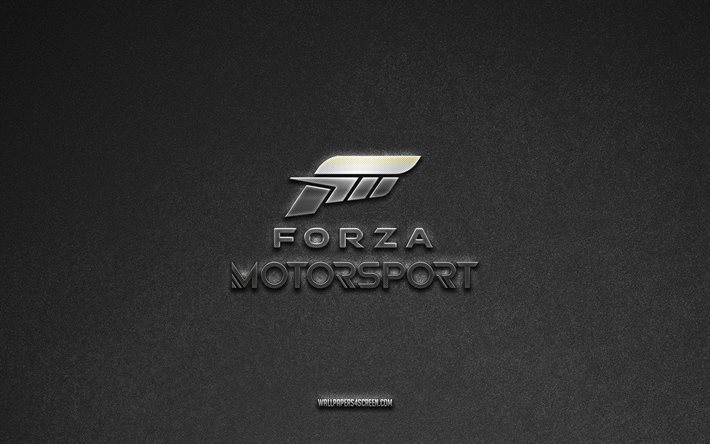 Forza Horizon logo, games brands, gray stone background, Forza Horizon emblem, games logos, Forza Horizon, games signs, Forza Horizon metal logo, stone texture