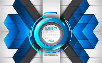 2023 يناير التقويم, 4k, الأزرق، جرد، الخلفية, تقويمات 2023, يناير, الخطوط الزرقاء الخلفية, تقويم يناير 2023, 2023 مفاهيم, تقويمات الشهر