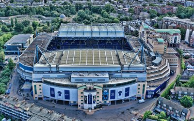 4k, Stamford Bridge, aerial view, English football stadium, Chelsea FC Stadium, London, England, Premier League, football, Chelsea FC