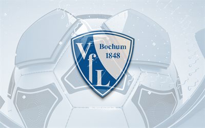 VfL Bochum glossy logo, 4K, blue football background, Bundesliga, soccer, german football club, VfL Bochum 3D logo, VfL Bochum emblem, Bochum FC, football, sports logo, VfL Bochum