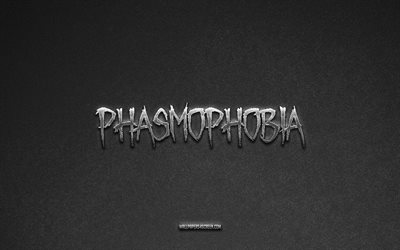 Phasmophobia logo, games brands, gray stone background, Phasmophobia emblem, games logos, Phasmophobia, games signs, Phasmophobia metal logo, stone texture