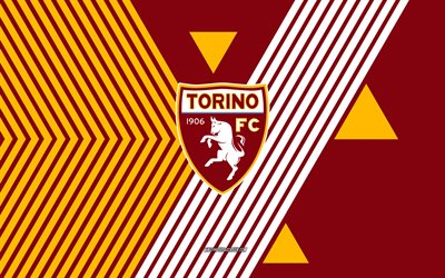 トリノ fc のロゴ, 4k, イタリアのサッカー チーム, ブルゴーニュの黄色の線の背景, トリノfc, セリエa, イタリア, 線画, トリノfcのエンブレム, フットボール