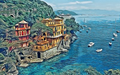 4k, Portofino, Italy, vector art, Ligurian coast, Genoa, Portofino drawings, Italian Riviera, Ligurian sea