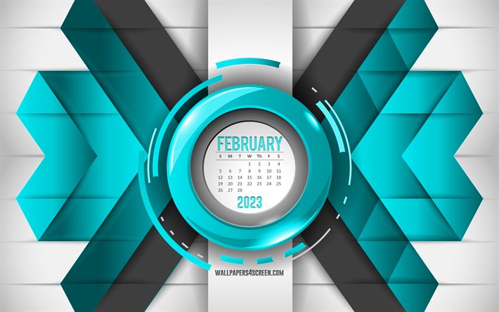 calendrier février 2023, 4k, fond abstrait bleu clair, calendriers 2023, février, fond de lignes bleu clair, concepts 2023, calendriers mensuels