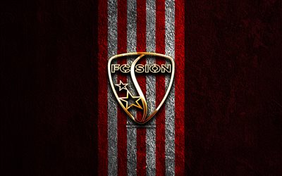 FC Sion golden logo, 4k, red stone background, Swiss Super League, swiss football club, FC Sion logo, soccer, FC Sion emblem, FC Sion, football, Sion FC