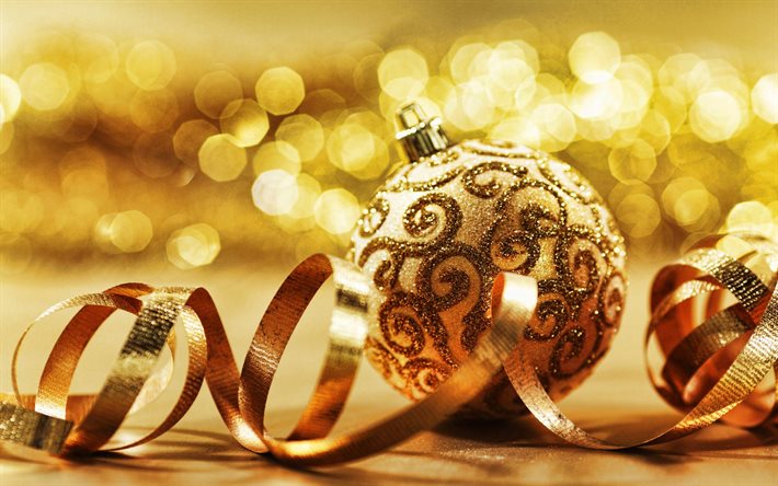 4k, كرة عيد الميلاد الذهبية, الشريط الحرير الذهبي, ذهبي، عيد ميِد، الخلفية, طمس, عيد ميلاد مجيد, خلفية ذهبية لبطاقات عيد الميلاد, سنة جديدة سعيدة, قالب عيد الميلاد الذهبي