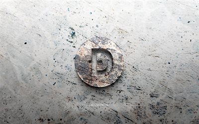 dogecoin 石のロゴ, 4k, 石の背景, ドージコイン 3d ロゴ, 暗号通貨, ロゴスケッチ, ドージコインのロゴ, グランジアート, ドージコイン