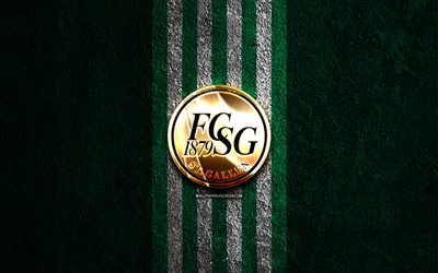 FC St Gallen golden logo, 4k, green stone background, Swiss Super League, swiss football club, FC St Gallen logo, soccer, FC St Gallen emblem, FC St Gallen, football, St Gallen FC