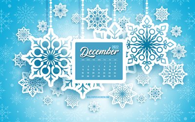 4k, december 2022 kalender, blå vinter bakgrund, december, vinterbakgrund med vita snöflingor, december kalender 2022, 2022 koncept, vita snöflingor, vinter mall