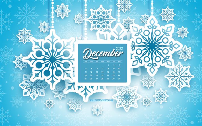 4k, calendario dicembre 2022, sfondo blu invernale, dicembre, sfondo invernale con fiocchi di neve bianchi, concetti 2022, fiocchi di neve bianchi, modello invernale