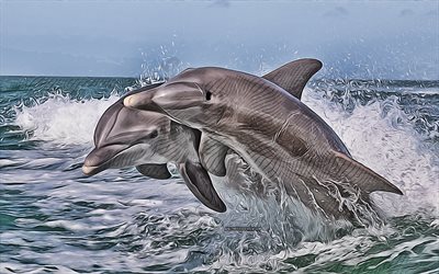 4k, delfine, vektorgrafiken, säugetiere, delfine zeichnungen, delfine kunst, paar delfine, meer