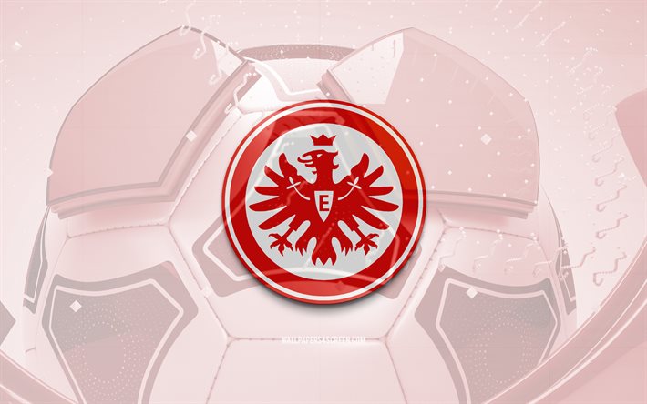 Eintracht Frankfurt glossy logo, 4K, red football background, Bundesliga, soccer, german football club, Eintracht Frankfurt 3D logo, Eintracht Frankfurt emblem, Eintracht Frankfurt FC, football, sports logo, Eintracht Frankfurt