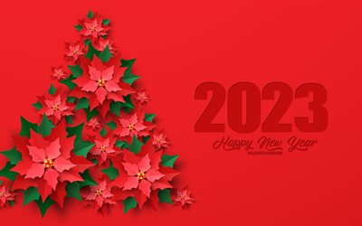 Happy New Year 2023, 4k, Red Christmas background, 2023 Christmas, 2023 concepts, Creative Christmas Tree, 2023 Happy New Year, Christmas template