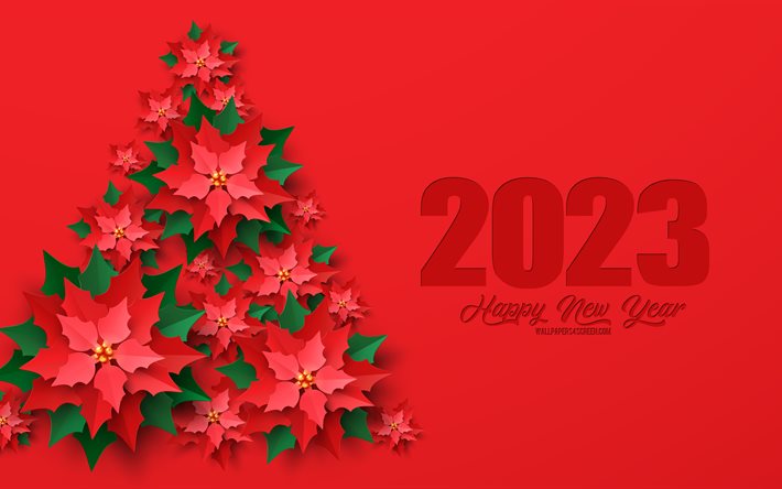 frohes neues jahr 2023, 4k, roter weihnachtshintergrund, 2023 weihnachten, 2023 konzepte, kreativer weihnachtsbaum, 2023 frohes neues jahr, weihnachtsvorlage