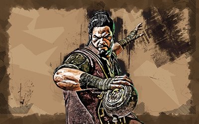 Bo Rai Cho, 4k, grunge art, Mortal Kombat Mobile, creative, MKM, Mortal Kombat, MK Mobile, brown grunge background, Mortal Kombat X, Bo Rai Cho Mortal Kombat