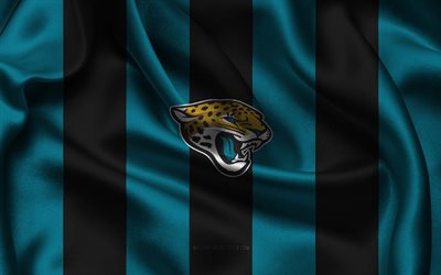 4k, logotipo de los jaguares de jacksonville, tela de seda negra azul, equipo de fútbol americano, emblema de los jaguares de jacksonville, nfl, insignia de los jaguares de jacksonville, eeuu, fútbol americano, bandera de los jaguares de jacksonville