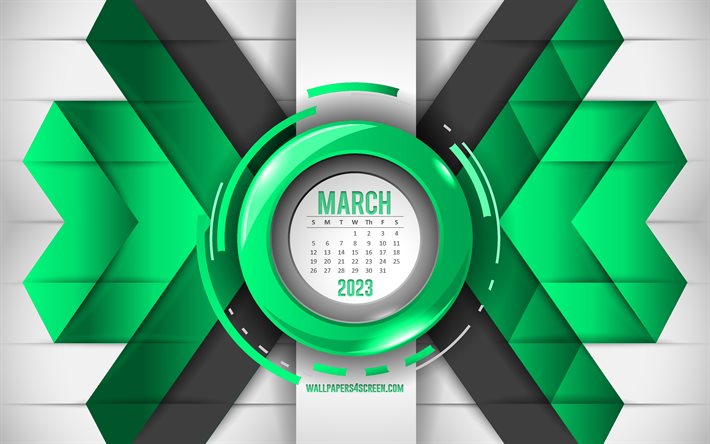 calendario marzo 2023, 4k, sfondo astratto verde, calendari 2023, marzo, sfondo di linee verdi, 2023 concetti, calendario di marzo 2023, calendari mensili