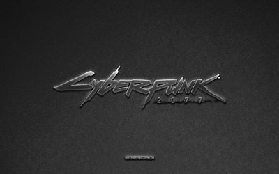 Cyberpunk 2077 logo, games brands, gray stone background, Cyberpunk 2077 emblem, games logos, Cyberpunk 2077, games signs, Cyberpunk 2077 metal logo, stone texture