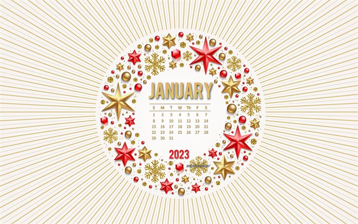 calendario enero 2023, 4k, marco dorado de navidad, calendarios 2023, enero, adornos navideños dorados, 2023 conceptos, plantilla de navidad