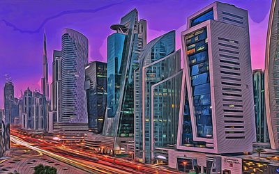 dubai, 4k, art vectoriel, émirats arabes unis, grattes ciels, dessins de dubaï, l'art de dubaï, paysage urbain de dubaï, art créatif, emirats arabes unis