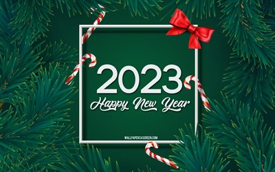 4k, عام جديد سعيد 2023, إطار شجرة عيد الميلاد الخضراء, شجرة خضراء الخلفية, 2023 سنة جديدة سعيدة, 2023 مفاهيم, فروع الصنوبر الخضراء, 2023 نموذج, 2023 خلفية الصنوبر الأخضر
