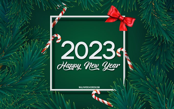 4k, Happy New Year 2023, green Christmas tree frame, green tree background, 2023 Happy New Year, 2023 concepts, green pine branches, 2023 template, 2023 green pine background