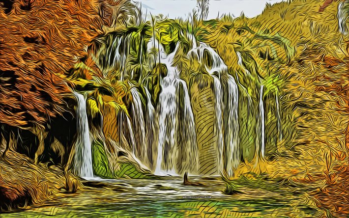 4k, Plitvice lakes, waterfall, vector art, waterfalls drawings, waterfalls art, autumn landscape, autumn vector art, Croatia