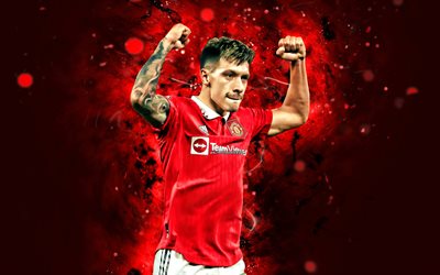 lisandro martínez, 4k, luci al neon rosse, manchester united fc, premier league, calciatori argentini, lisandro martínez 4k, calcio, lisandro martínez manchester united, uomo unito