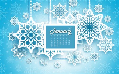 4k, calendario gennaio 2023, sfondo blu invernale, gennaio, sfondo invernale con fiocchi di neve bianchi, 2023 concetti, fiocchi di neve bianchi, modello invernale