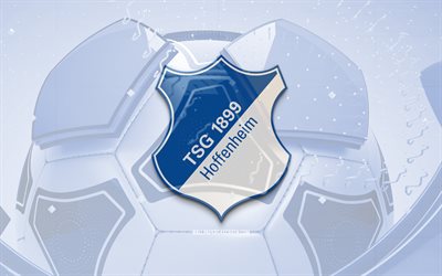 tsg 1899 ホッフェンハイムの光沢のあるロゴ, 4k, 青いサッカーの背景, ブンデスリーガ, サッカー, ドイツのサッカークラブ, tsg 1899 ホッフェンハイムの 3d ロゴ, tsg 1899 ホッフェンハイムのエンブレム, ホッフェンハイムfc, フットボール, スポーツのロゴ, tsg 1899 ホッフェンハイム