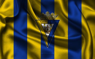 4k, logo cadice cf, tessuto di seta blu giallo, squadra di calcio spagnola, stemma cadice cf, la liga, cadice cf, spagna, calcio, bandiera cadice cf, cadice