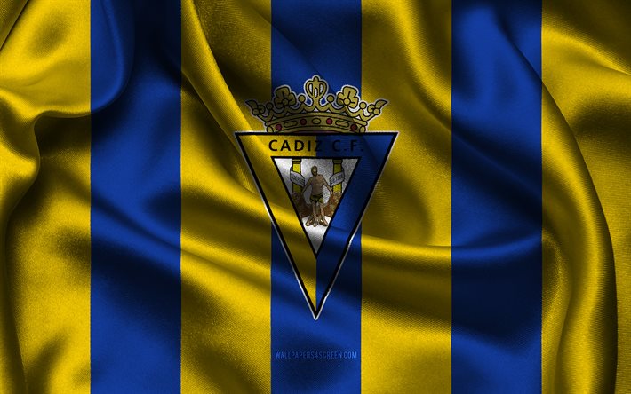 4k, logotipo del cádiz cf, tela de seda azul amarillo, selección española de fútbol, escudo del cádiz cf, la liga, cádiz cf, españa, fútbol, bandera del cádiz cf, cádiz